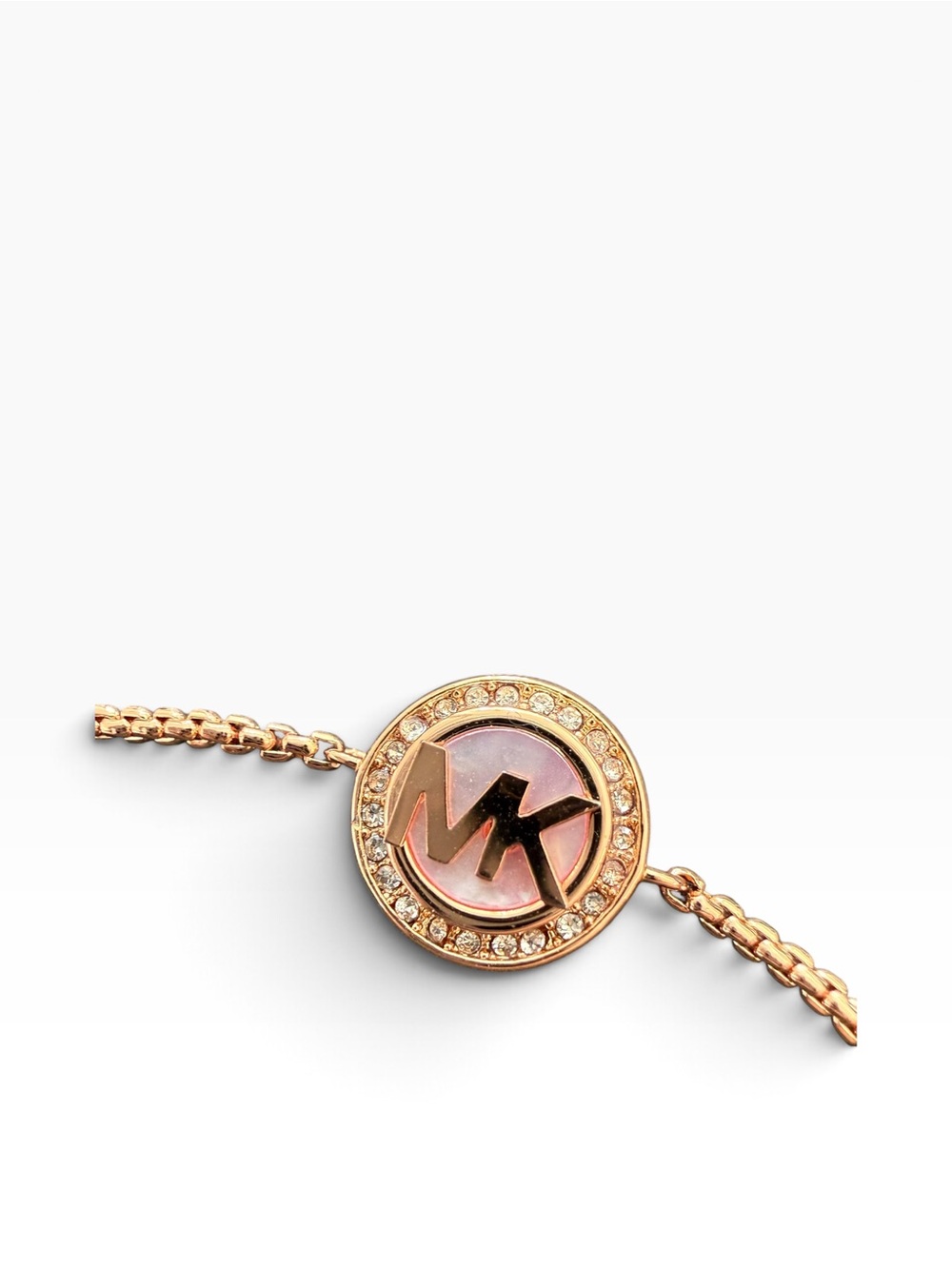 Michael Kors Rose Gold-Tone MK Logo Slider Bracelet with Crystal Accents NWOT